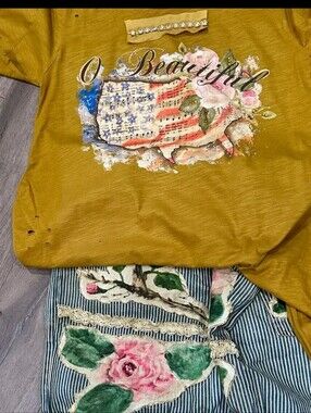 RB O Beautiful Mustard Yellow Short Sleeve Graphic Tee with Floral Flag Accent